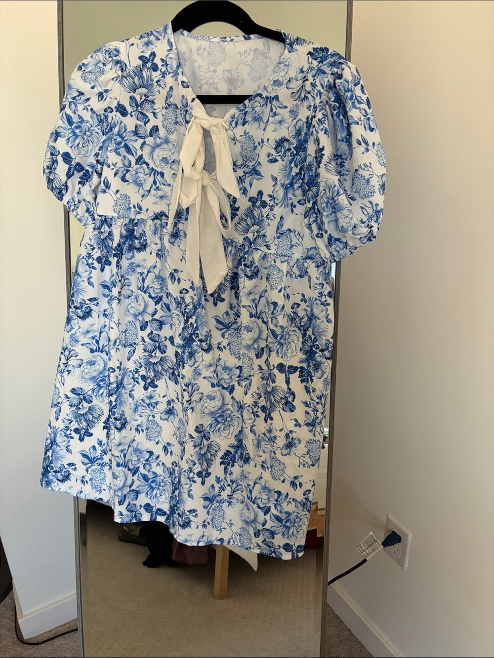 Blue Floral Tie-Neck Babydoll Dress